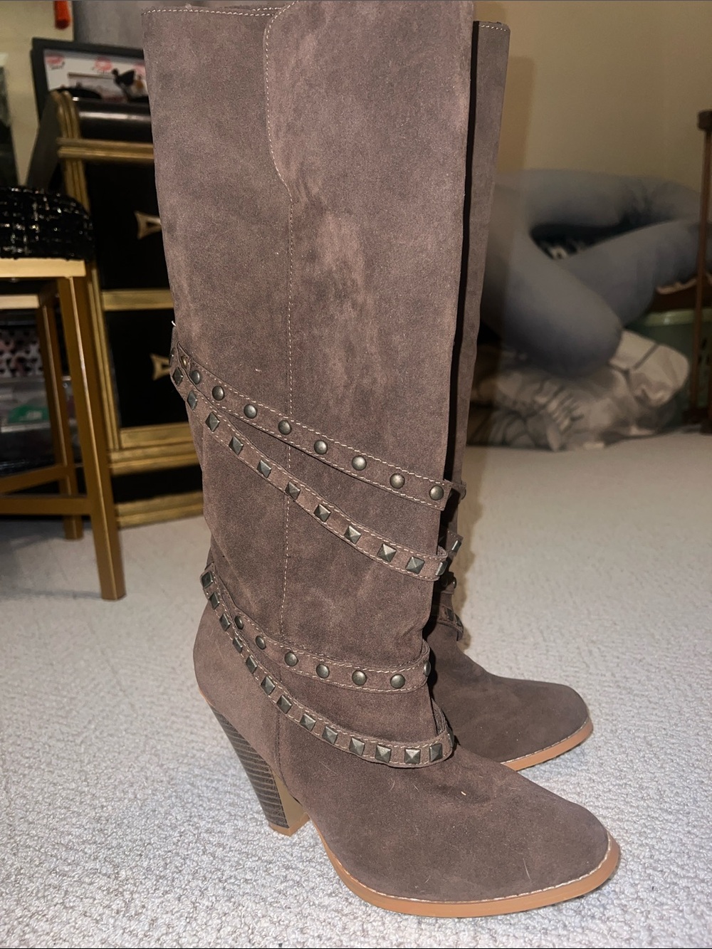 Francesca's Collections Brown Suede Studded Mid-Calf Heeled Boots